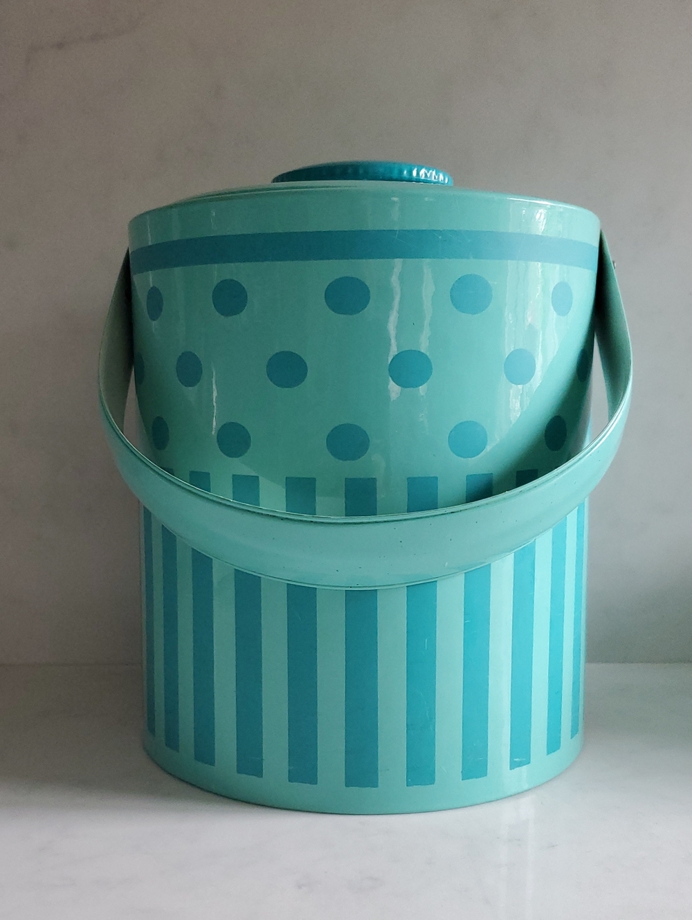 Georges Briard Turquoise Polka Dot Stripe Ice Bucket MCM Retro w Handle Palm Spr